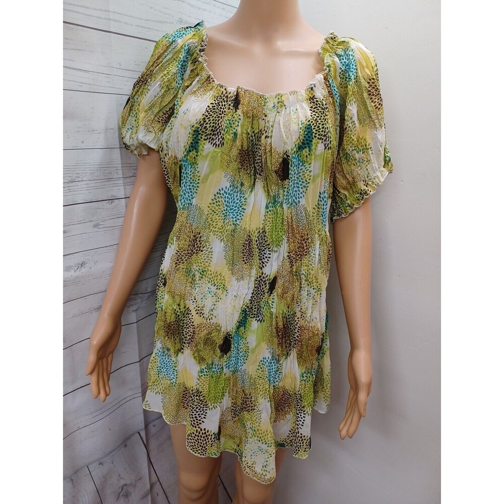 Cato Blouse Pleated Elastic Neck Waist Short Sleeve Green White Black Sz 18/20W